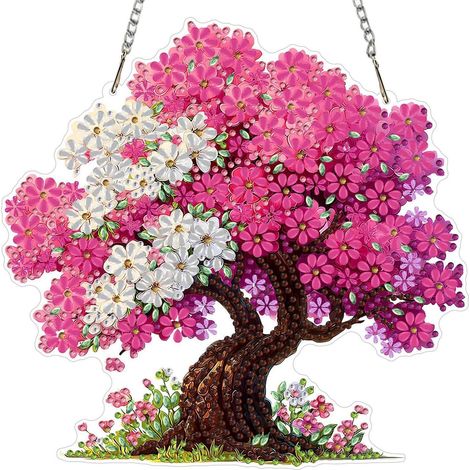 Diamond Painting Anhänger Blumenbaum mit Kette, Fensterbild, 20x20cm (1/4)