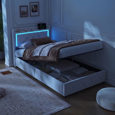 JOOKGBD-Polsterbett 90x200 cm mit Bettkasten, Einzelbett mit Hydraulischem Stauraum und LED, USB-Ladefunktion, Gepolstertes Kopfteil, Lattenrost, Jugendbett Erwachsenenbett, Samt, Beige (1/5)