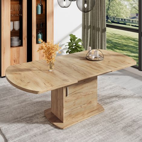 Table de salle à manger extensible ovale 140-200x80x75 cm avec rangement intégré, placard et étagères, panneaux de particules, Chêne (1/5)