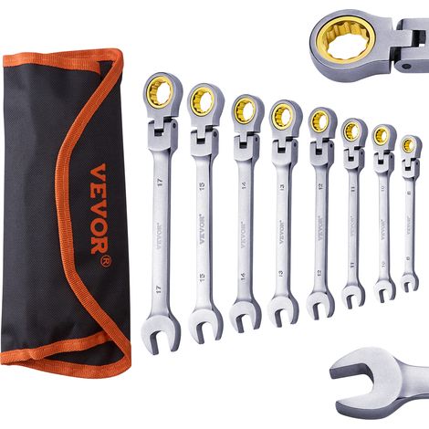 VEVOR Set di Chiavi a Cricchetto con Testa Flessibile, Set di Chiavi Combinate 8 PZ con Borsa a Rullo, Set di Chiavi a Cricchetto Flessibili in Acciaio Cr-V Metrico 8 mm-17 mm Riparazioni Domestiche