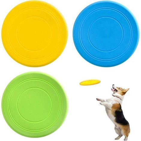 Set di 3 frisbee per cani - Disco volante per cani - Disco volante in gomma naturale morbida - Per divertimento all'aperto - 17,8 cm (giallo, verde, blu) -Crezuo