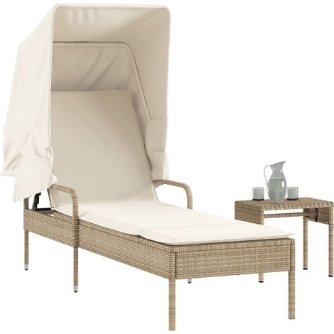 Sonnenliege mit Dach und Tisch Beige Poly Rattan