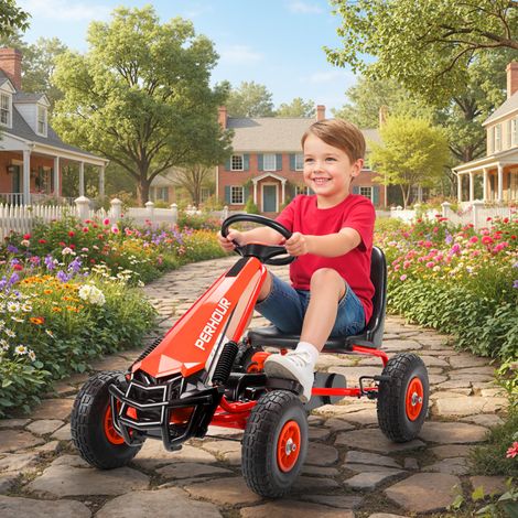 Kart à pédales Go-Kart pour enfants siège réglable pneus EVA embrayage manuel et frein 110 x 61 x 62 cm rouge (1/5)