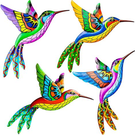 Set aus 4 Metall-Kolibri-Wanddekorationen, 26,7 cm (10,5 Zoll), 3D-Dekoration für den Außenbereich, Garten oder Zaun, farbenfroh.