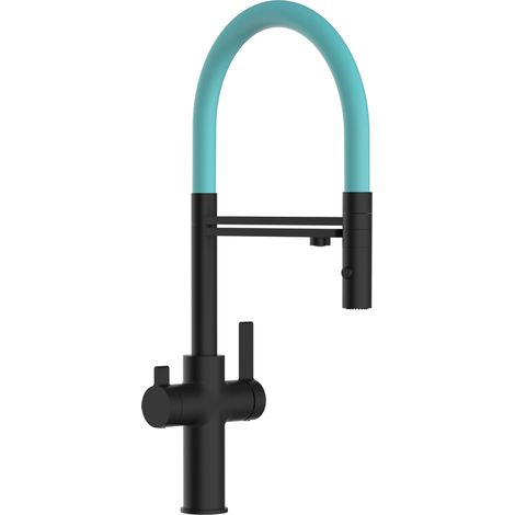 Rubinetto 3 vie miscelatore cucina Nero Opaco con canale separato per acqua filtrata, canna turchese movibile e doccia due getti staccabile - Serie FC (1/5)