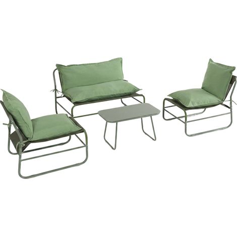 Salon de jardin 4 places avec table en verre Mobili Rebecca Leran Métal Polyester Imperméable Vert (1/5)