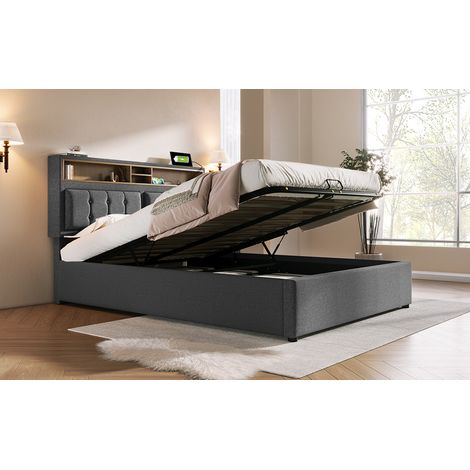 Letto contenitore con testiera, sollevamento a gas, prese USB e Tipo C, lino grigio (1/5)