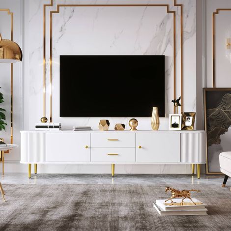 Meuble TV 170 cm, banc TV avec 2 portes et 2 tiroirs, bords arrondis, en MDF, pour salon, blanc (1/5)