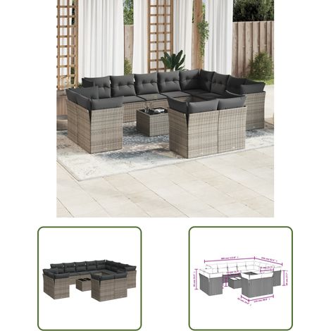 The Living Store 13-tlg. Garten-Sofagarnitur mit Kissen Grau Poly Rattan - Gartenmöbel Set - PE-Rattan Möbel - Outdoor Sofa - Esstisch - Lounge Garnitur (1/3)