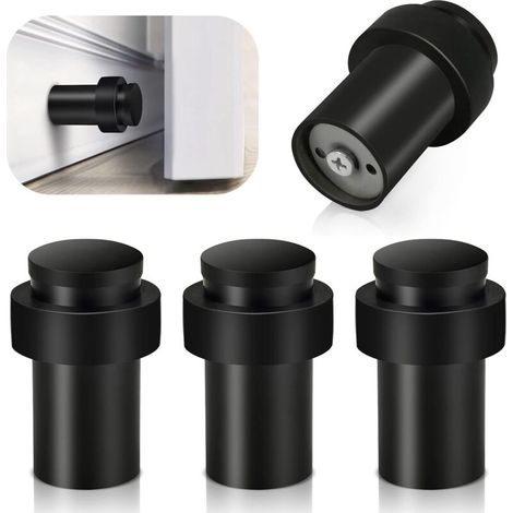 Set of 4 heavy-duty stainless steel door stops for baseboards, black rubber door stop, modern floor-mounted door stop, high wall protection with sound-dampening bumper
