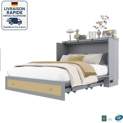 MODFU - Cama adulto 140x200cm, cama nido, convertible multifuncional, con USB y enchufe, sin colchón, MDF, gris (1/5)