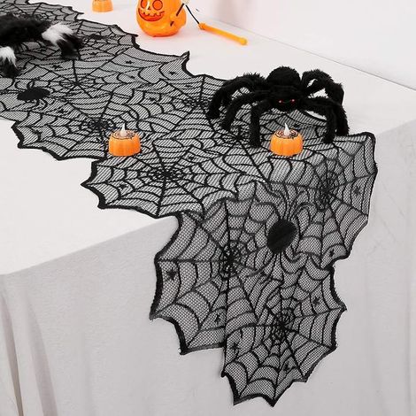 Chemin de table en toile motif araignée, décoration d'Halloween, noir, 45 x 180 cm (1/5)