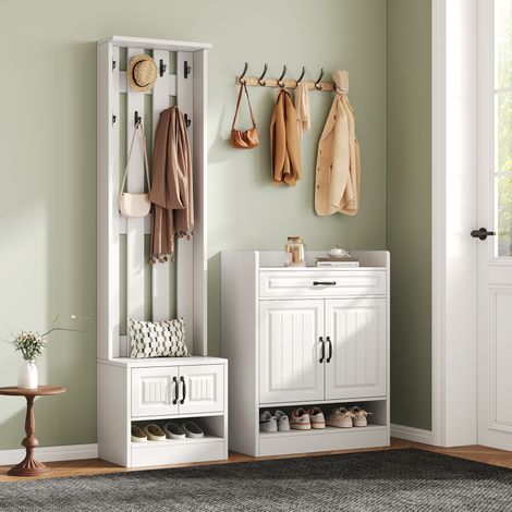 Mobile ingresso con 4 Ante, 1 Cassetto e 8 Ganci, con Panca Scarpiera, Stile Moderno, in Pannelli, Bianco, 125×36×190 cm