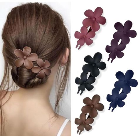 Lot de 5 Pinces à cheveux, Design fleur double, Matière résine, Pour femme, Usage quotidien et soirée (1/5)