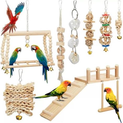 Ensemble de jouets pour oiseaux en cage, 8 pièces : balançoire, échelle, balle avec clochette, jouet pour perruche (1/2)