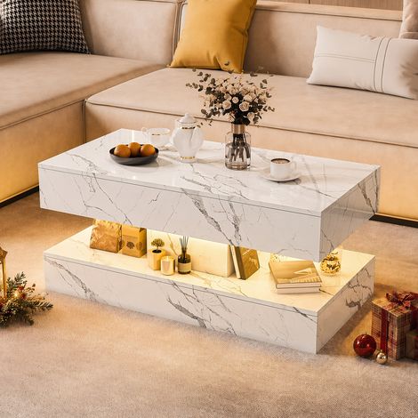 Table Basse Design avec LED - Table de Salon en Marbre Blanc - avec 2 Tiroirs et Étagère Lumineuse - pour Salon, Chambre et Bureau (1/5)