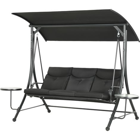Balançoire Hollywood, banc suspendu, balancelle de jardin 3 places avec pare-soleil réglable, 278 x 135 x 177 cm, noire (1/5)
