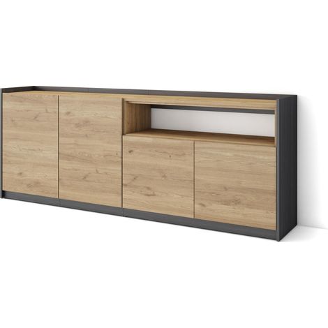 Skraut Home - Aparadores para salón, 207x37x80cm, 4 Puertas, Armario, zapatero, Roble y negro (1/5)