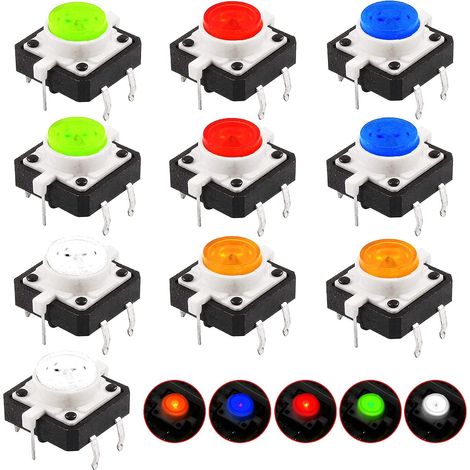 10 Pièces Mini Micro LED Interrupteurs à Bouton-poussoir Tactiles Momentané Miniature Momentary Tactile Tact Touch Commutateur à Bouton-Poussoir (12 12 7mm) (1/5)