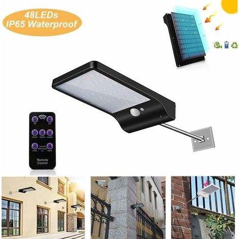 Lampe Solaire Exterieur 48 LED Détecteur de Mouvement Lumière Dimmable avec Télécommande Sans Fil étanche Lampe Solaire pour Porte Couloir Patio Noir (1/5)