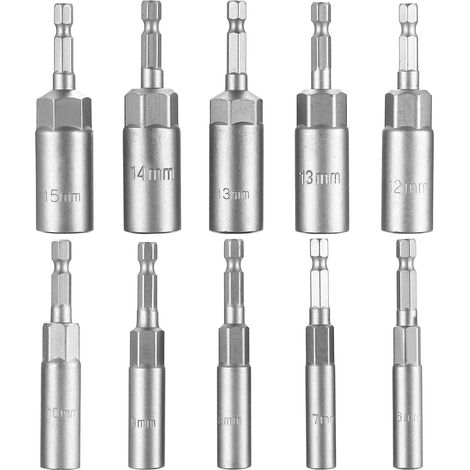 Lntyq Jeu d'adaptateurs de douilles, 10 pièces, 1/4", embouts hexagonaux de 6 à 15 mm, pour perceuse électrique et clé à chocs (1/5)
