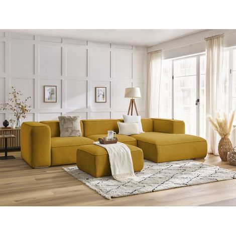 BOBOCHIC - Canapé d'angle fixe ZEPHYR avec pouf Angle droit Jaune (1/5)
