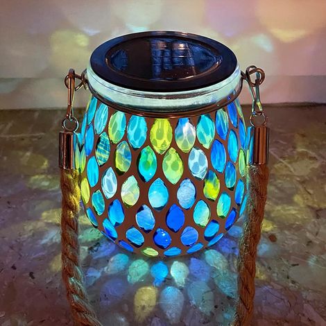 1PCS Solar Mosaik Leuchte Oval für Außen, On/Off Glas Mosaik Hängend Licht Solarlaterne Tischleuchte IP65 Wasserdicht für Rasen Pfad Hof Deck Boden Teich, Blau Mosaik Licht (1/5)