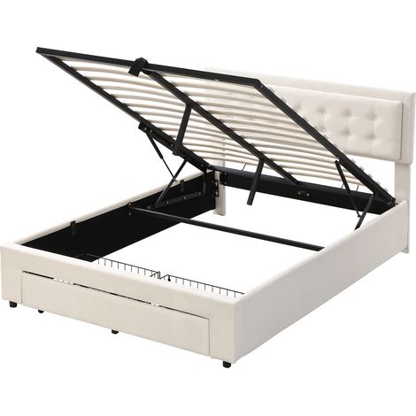Letto matrimoniale 140 x 190 cm in velluto beige con contenitore, doghe e testiera regolabile (1/5)