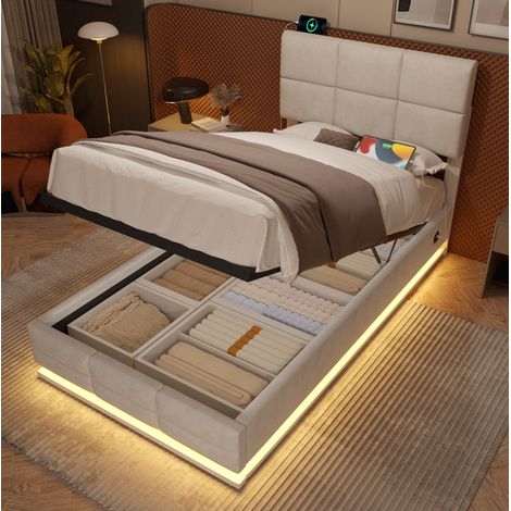 Cama tapizada moderna (92x206x105-115 cm), cabecero regulable, iluminación LED, USB, terciopelo beige (1/5)