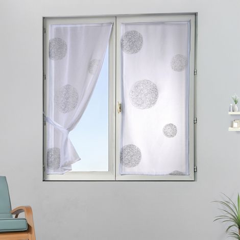 Homemaison – Paire de voilages blancs brodés ronds – Étamine 100% polyester – Dimensions 60x160 cm – Finition ourlet passe tringle (1/2)