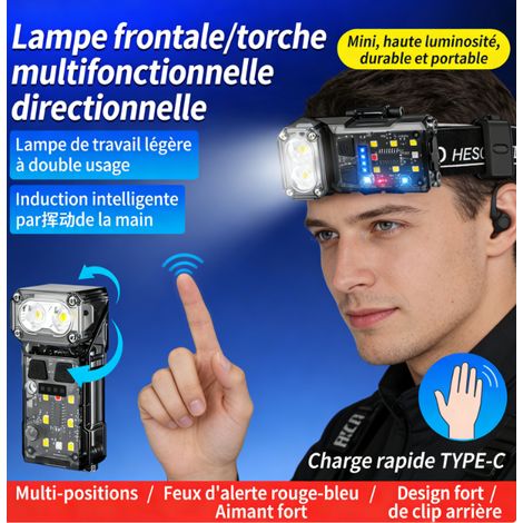 Lampe frontale et torche LED – Rotative 180°, capteur de mouvement, lumière rouge/bleu, aimant, recharge TYPE-C, outil professionnel pour bricolage et décoration (1/5)
