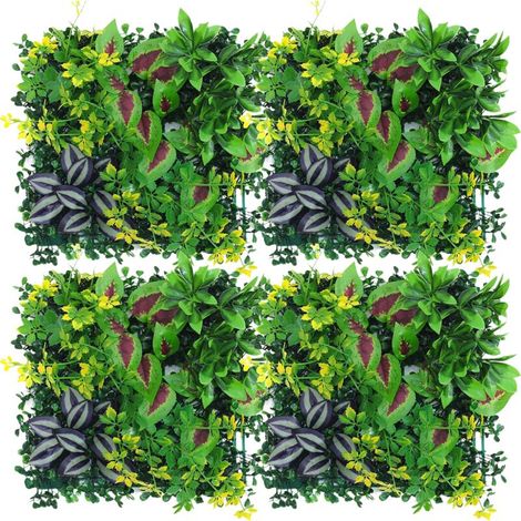 Lot de 4 murs végétaux artificiels, haies artificielles, clôture décorative et intimité, fond mural de fleurs artificielles, 25 x 25 cm