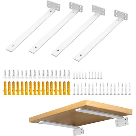 4 Pièces - Support Étagère - Équerre Murale - Fixation Flottante Discrète - Acier Robuste Anti-Rouille - Pour Salon Cuisine Bureau - Blanc - 29,8x6,5x4 cm