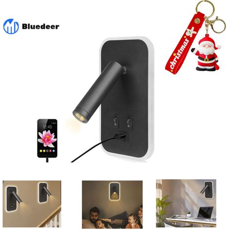 Applique murale LED, liseuse de chevet avec interrupteur, port de charge USB, éclairage d'ambiance réglable pour chambre (lumière naturelle 3 W + lumière chaude 9 W) Noir
