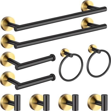 Accesorios de Baño, Juego de 10 Piezas: 2 Toalleros, 2 Portarrollos de Papel Higiénico, 2 Anillos para Toallas, 4 Ganchos de Pared, Acero Inoxidable, Montaje con Tornillos (Negro y Dorado) (1/4)