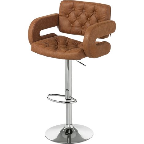 Tabouret de Bar Réglable Marron Faux Cuir avec Dossier et Accoudoirs, Repose-pieds, Hauteur Réglable