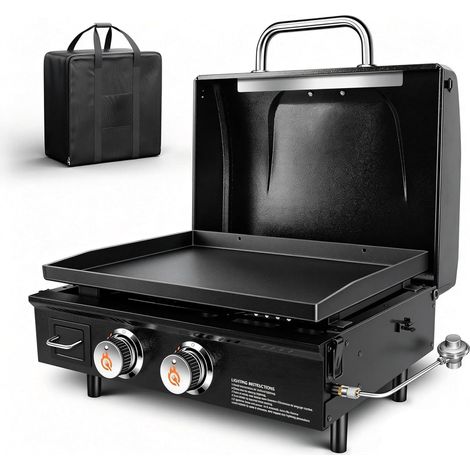 Gas-Tischgrill mit zwei Brennern und Abzugshaube – Grillplatte mit flacher Oberfläche – Propangasgrill mit Tragetasche – 56 cm (22 Zoll) – 48.000 BTU – Antihaft-Grillplatte (1/5)