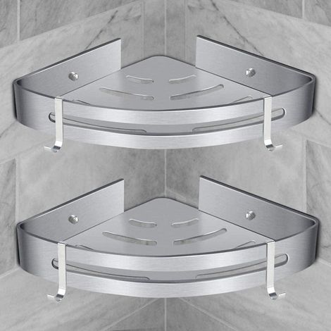 Etagère de Douche d’Angle Etagère de Salle de Bain sans Forage - avec 2 Crochets - en Aluminium Inoxydable - Étanche - pour Salle de Bain, Cuisine - Argenté (1/5)