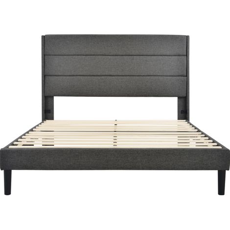Cama tapizada 140 x 200 cm con somier de láminas y cabecero, tela efecto lino gris oscuro (1/5)