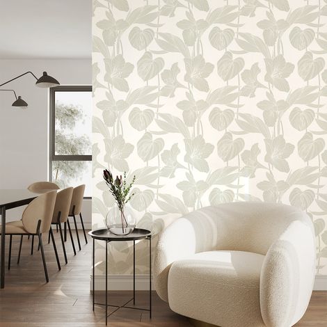 Papier peint intissé pré-encollé - TROPICAL FLEURS ET FEUILLES GRISES - 1 rouleau de 300x60cm (1/5)