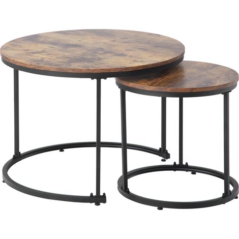 Set di 2 tavolini rotondi nidificabili in MDF marrone con struttura metallica (1/5)