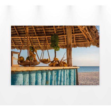 Tableau été bar de plage | Tableau bord de mer turquoise parfait salle de bain & salon | Tableau rectangulaire plage & fruits exotiques 0,9 x 0,6 m (1/5)