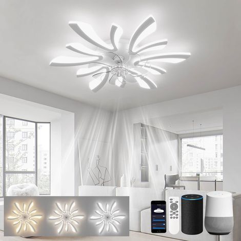 LJX Lustre Ventilateur de Plafond 78cm Luminaire Ventilateur Plafonnier Compatible avec Alexa Minuterie Silencieux 6 Vitesses Réversible pour Chambre Salon, Blanc (1/5)