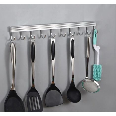 Barre à ustensiles de cuisine mural avec 10 crochets inox sans perçage 50cm Support Range étagère Porte serviette salle de bain