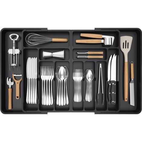 Grand Range Couverts, Rangement Couvert Tiroir Cuisine, Extensible de 54.1 jusqu'à 91,4 cm de Large, Organisateur en Plastique pour Couverts, Cuillères, Fourchettes, Couteaux, Noir (1/5)