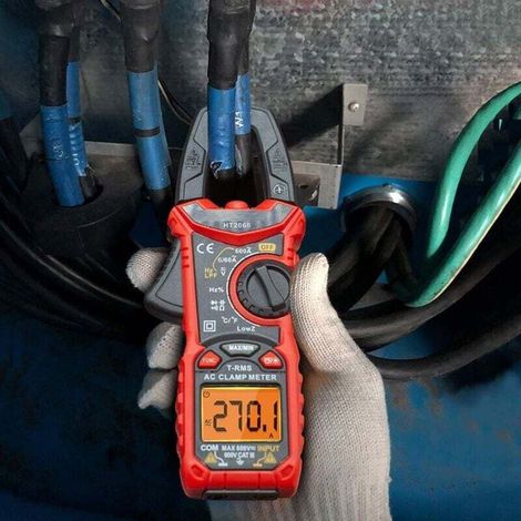 Automatisches TRMS-Zangenmessgerät mit 6000 Zählern, misst Wechselstrom, Spannung, Temperatur und Widerstand.