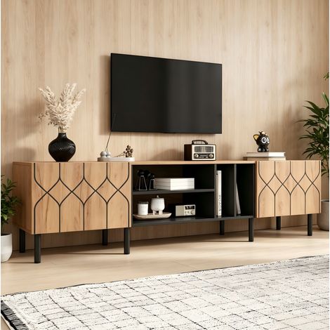 Mobile TV 180x40x50 cm, 2 ante push to open, 4 vani aperti, effetto legno e nero, MDF e truciolare (1/5)