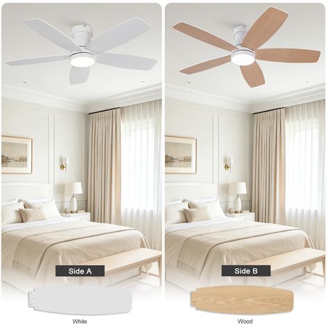 Ventilateur de plafond LED 107x107x29 cm métal et bois blanc télécommande, pour chambre gain de place – MEUBLIV (1/5)