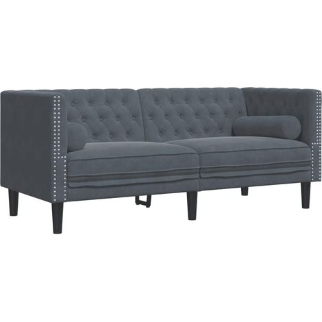Canapé  Sofa Chesterfield avec traversins 2 places gris foncé velours