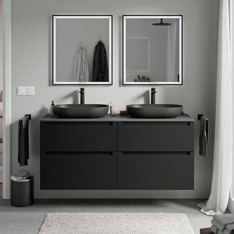 BERNSTEIN - Meuble sous vasque suspendu salle de bain MDF Noir mat, plan vasque Anthracite mat, tiroirs passe-main pivotants - 120x46x62cm - VIREO Noir mat, Anthracite mat